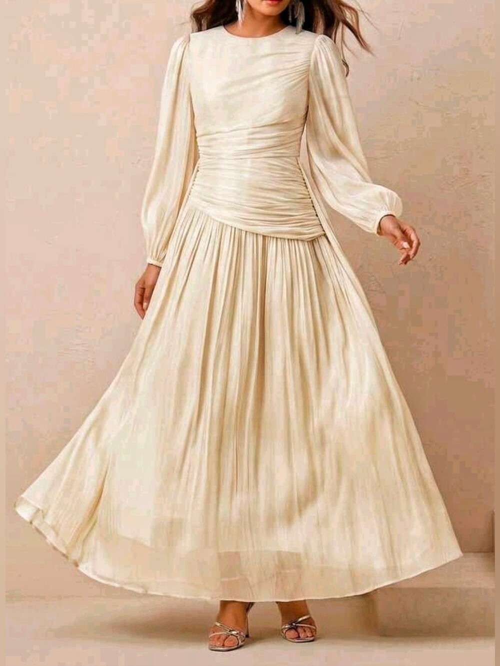 New Luxe Metallic Crinkle Ruched Waist Flared Maxi Dress Ivory Cream - Picture 6 of 10